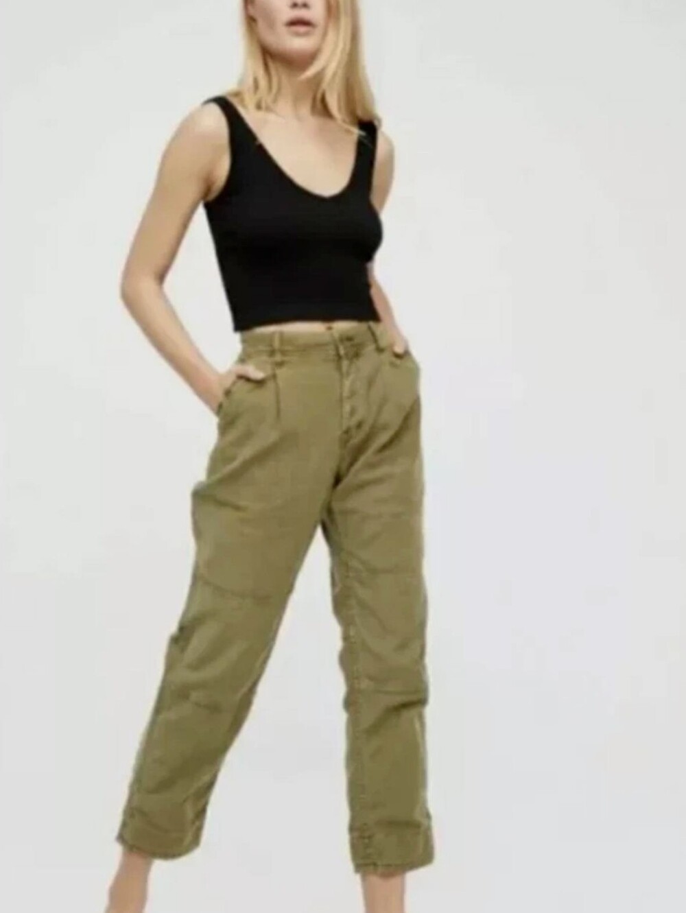 Free People Olive Linen High-Waist Button-Fly Utility Boyfriend Pants Womens 2